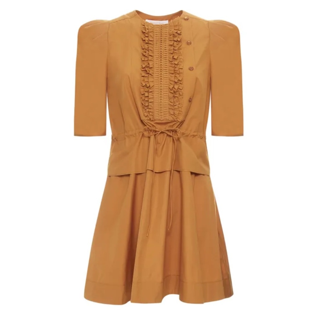 SEE BY CHLOÉ Khaki Puff-shoulder Cinched-waist Tie Ruffle Dress. - Size 44